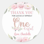 Pink Floral Onederful Labels Birthday Baby Dusche Runder Aufkleber (Vorderseite)