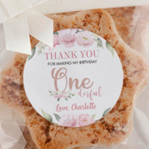Pink Floral Onederful Labels Birthday Baby Dusche Runder Aufkleber