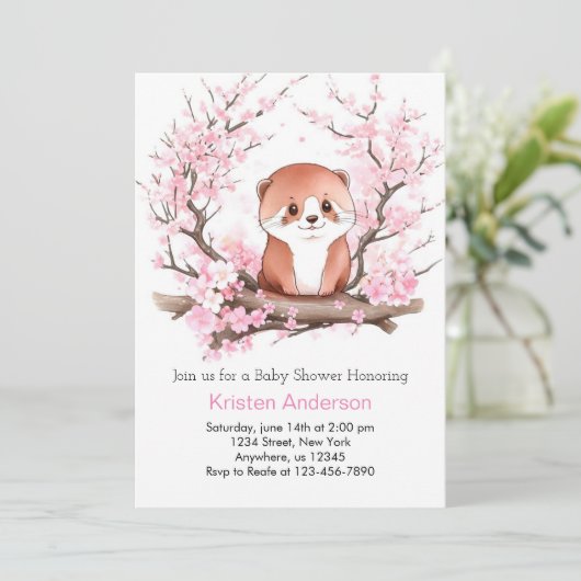 Pink Floral Otter's Joyful Haven Girl Baby Shower Einladung (Stehend Vorderseite)