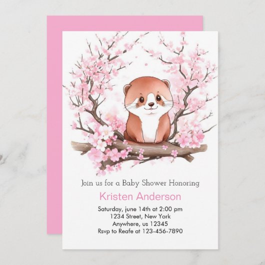 Pink Floral Otter's Joyful Haven Girl Baby Shower Einladung (Vorne/Hinten)