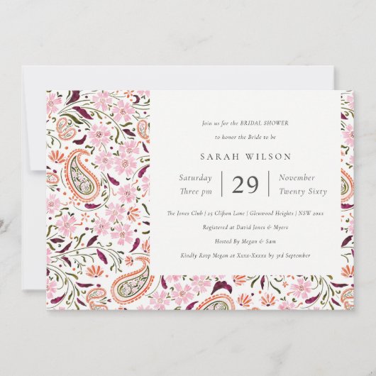 Pink Floral Paisley Motif Brautparty Einladung (Vorderseite)