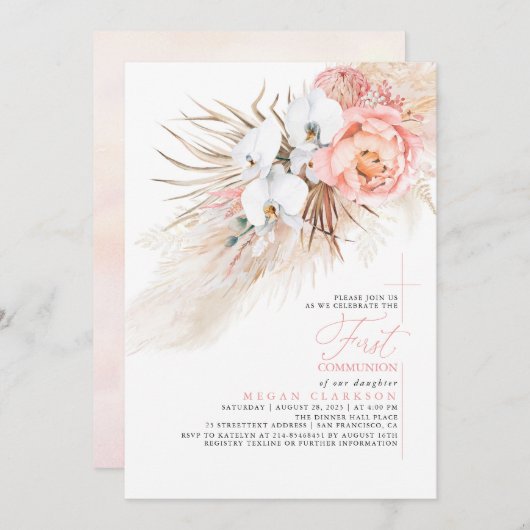 Pink Floral Pampas Gras Erste Kommune Einladung (Vorne/Hinten)