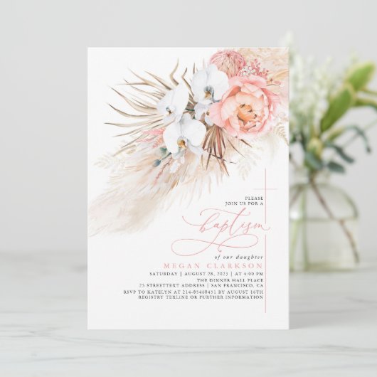 Pink Floral Pampas Grass Moderne Taufe Einladung (Stehend Vorderseite)