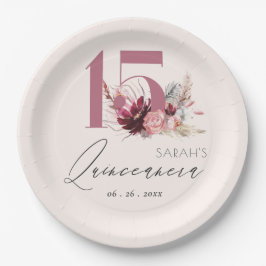 Pink Floral Pampas Grass Quinceanera 15. Geburtsta Pappteller