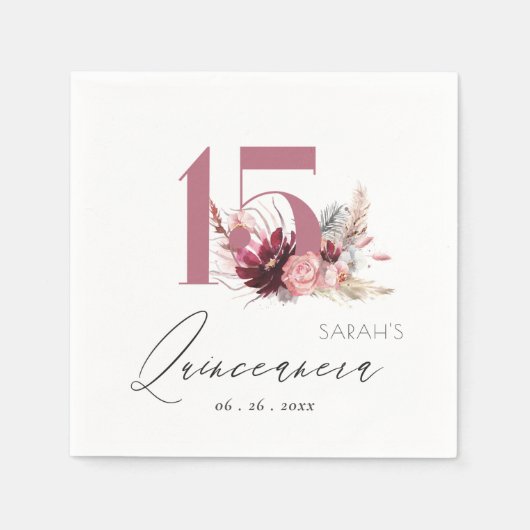 Pink Floral Pampas Grass Quinceanera 15. Geburtsta Serviette (Vorderseite)