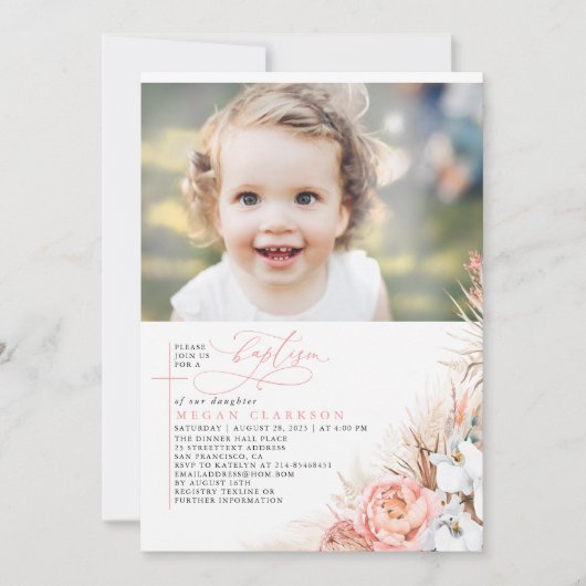 Pink Floral Pampas Grass Taufe Foto Einladung (Vorderseite)