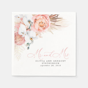 Pink Floral Pampas Grass Wedding Napkins Serviette