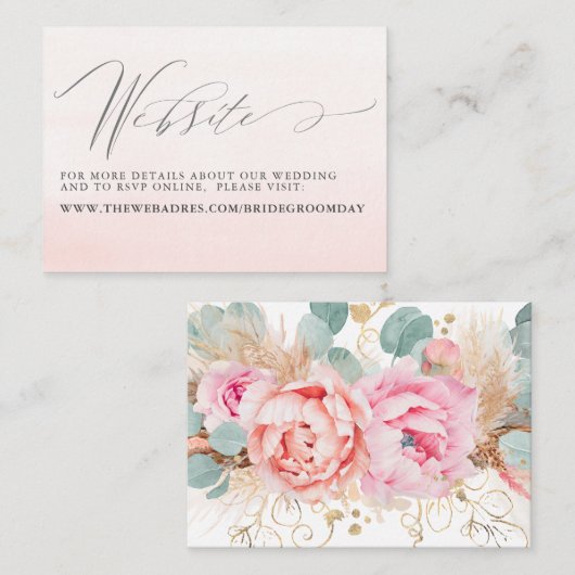 Pink Floral Pampas Grass Wedding Website Card Visitenkarte (Vorne/Hinten)