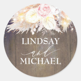 Pink Floral Pampas Grass Wood Wedding Runder Aufkleber
