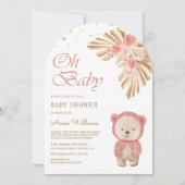 Pink Floral Pampas Teddy Bear Arch Baby Dusche Einladung (Vorderseite)