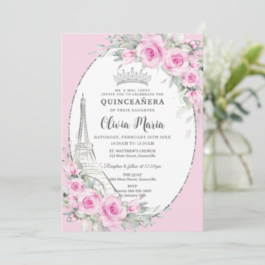 Pink Floral Paris Schmetterlinge Quinceañera Süß 1 Einladung (Stehend Vorderseite)