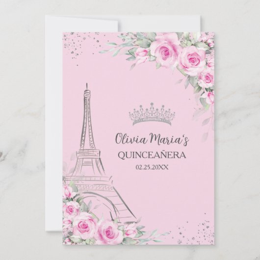 Pink Floral Paris Schmetterlinge Quinceañera Süß 1 Einladung (Rückseite)