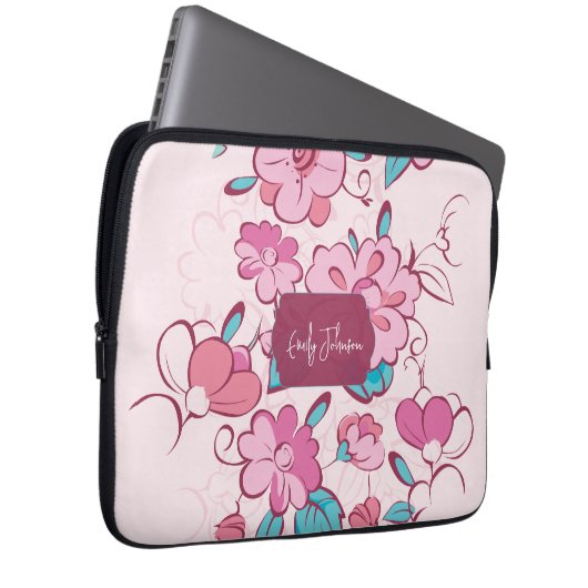 Pink Floral Pattern Name Label Design Custom Name Laptopschutzhülle (Vorne Rechts)