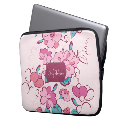 Pink Floral Pattern Name Label Design Custom Name Laptopschutzhülle (Vorderseite Links)