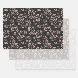 Pink Floral Pattern on Black, Gray & White Geschenkpapier Set