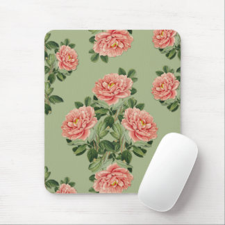 Pink Floral Pattern on Green Background | Seamless Mousepad