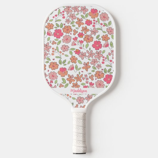 Pink Floral Pattern Personalized Name Cute Pickleball Schläger (Vorderseite)
