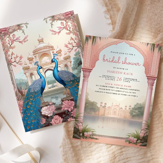 Pink Floral Peacocks Indian Palace Brautparty Einladung