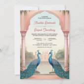 Pink Floral Peacocks Royal Indian Palace Wedding Einladung (Vorderseite)