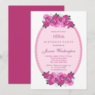 Pink Floral Pearls & Lace 100. Geburtstag Einladung