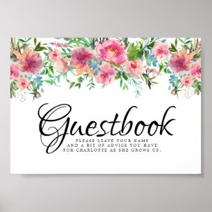 Pink Floral Peoney Christening Gästebuchunterschri Poster
