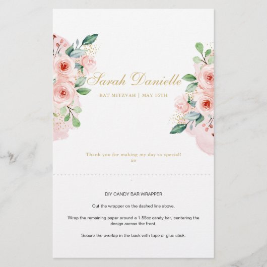 Pink Floral Personalisiert Candy Bar Wrapper (Vorderseite)