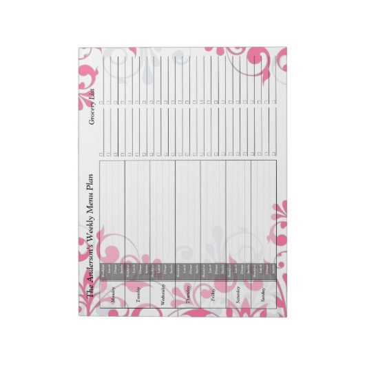 Pink Floral Personalisiertes Menü Plan Notepad Notizblock (Rotiert)