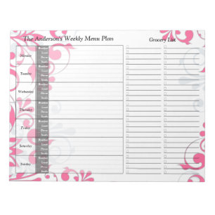 Pink Floral Personalisiertes Menü Plan Notepad Notizblock