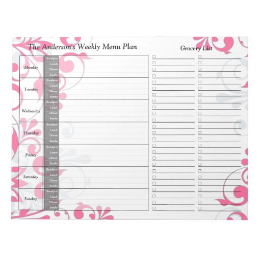 Pink Floral Personalisiertes Menü Plan Notepad Notizblock (Vorderseite)