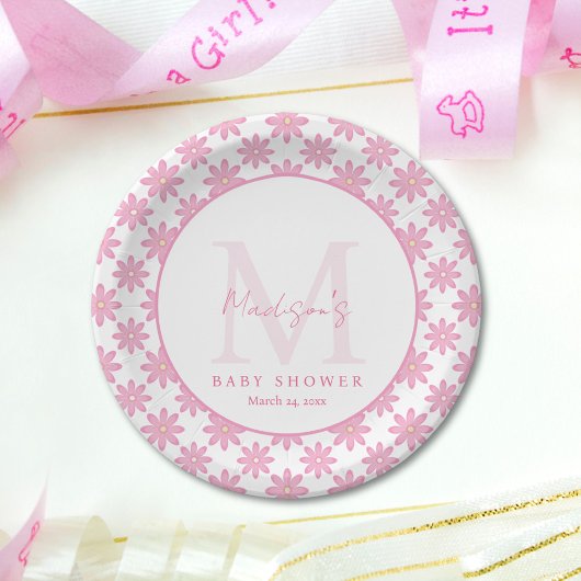Pink Floral Personalized Baby Shower Pappteller