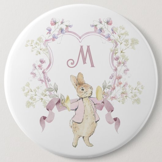 Pink Floral Peter die Rabbit Monogram Babydusche Button (Vorderseite)