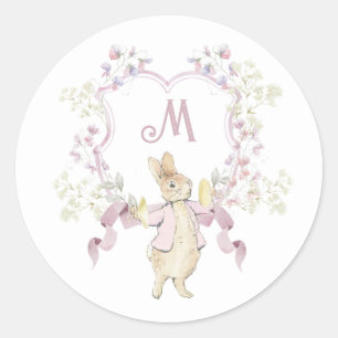 Pink Floral Peter die Rabbit Monogram Babydusche Runder Aufkleber