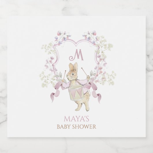 Pink Floral Peter die Rabbit Monogram Babydusche Schaumweinetikett (Einzelnes Label)