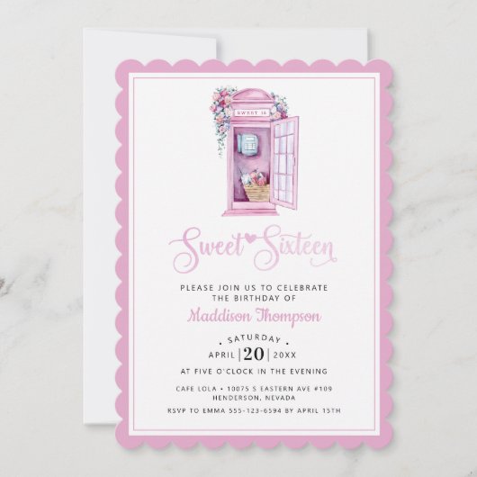 Pink Floral Phone Booth | Sweet 16 Einladung (Vorderseite)