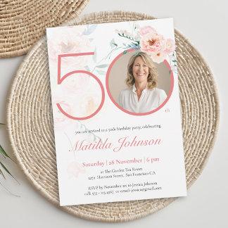 Pink Floral Photo 50th Birthday Invitation Einladung