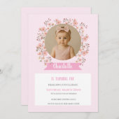Pink Floral Photo Birthday Invitation for Girl Einladung (Vorne/Hinten)