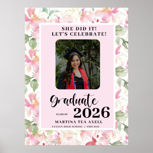 Pink Floral Photo Graduation Party Welcome  Poster (Vorne)