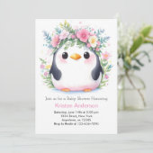 Pink Floral Pinguin Joyful Whimsy Baby Dusche Einladung (Stehend Vorderseite)