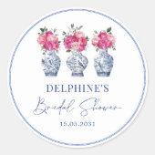 Pink Floral Porzellan Chinoiserie Brautparty Runder Aufkleber (Vorderseite)