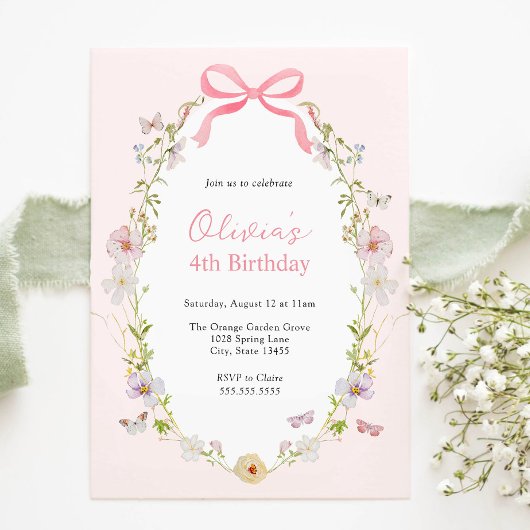 Pink Floral Pretty Bow Birthday Invitation Einladung