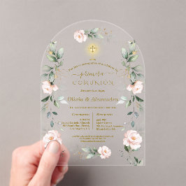 Pink Floral Primera Comunión Twins Holy Communion Acryleinladungen