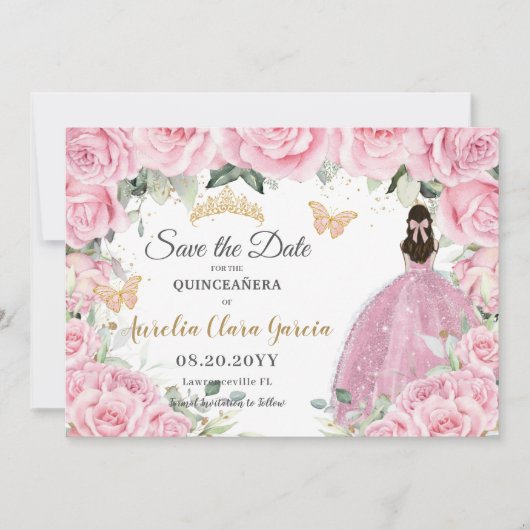 Pink Floral Princess Quinceañera Quince Sweet 16 Save The Date (Vorderseite)