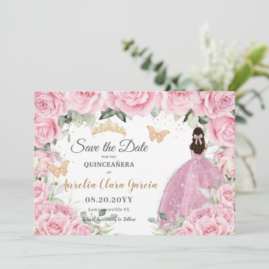 Pink Floral Princess Quinceañera Quince Sweet 16 Save The Date (Stehend Vorderseite)