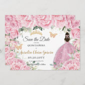 Pink Floral Princess Quinceañera Quince Sweet 16 Save The Date (Vorne/Hinten)