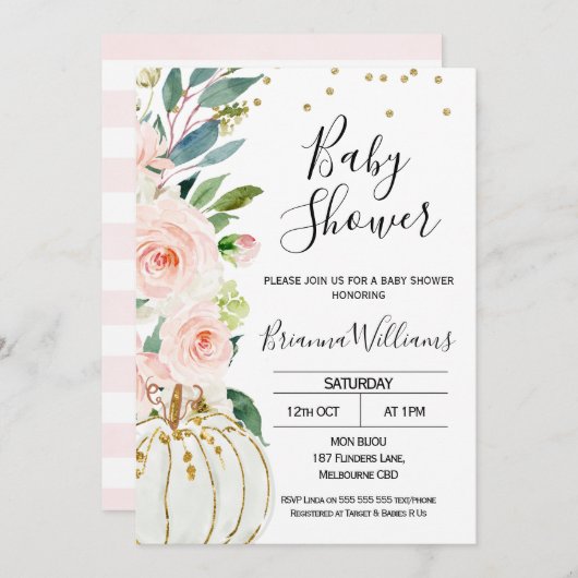 Pink Floral Pumpkin Baby Dusche Einladung (Vorne/Hinten)