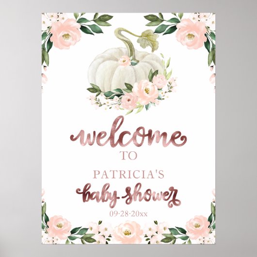 Pink Floral Pumpkin Fall Baby Dusche Begrüßungszei Poster (Vorne)