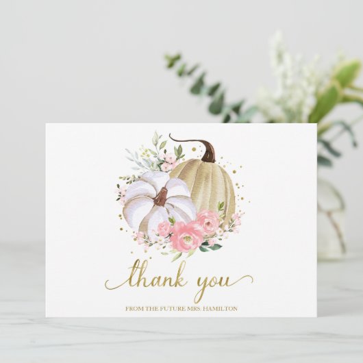 Pink Floral Pumpkin Fall Brautparty Vielen Dank Einladung (Stehend Vorderseite)