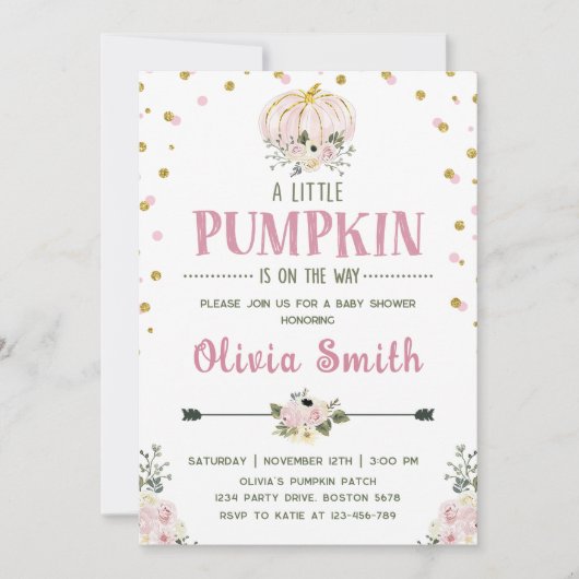 Pink Floral Pumpkin Fall Kinderdusche Einladung (Vorderseite)