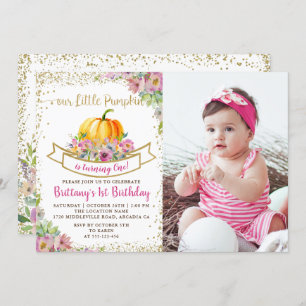 Pink Floral Pumpkin Glitzer Girl Birthday Foto Einladung