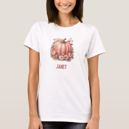 Pink Floral Pumpkin und Herbstlaube T-Shirt (Vorderseite)